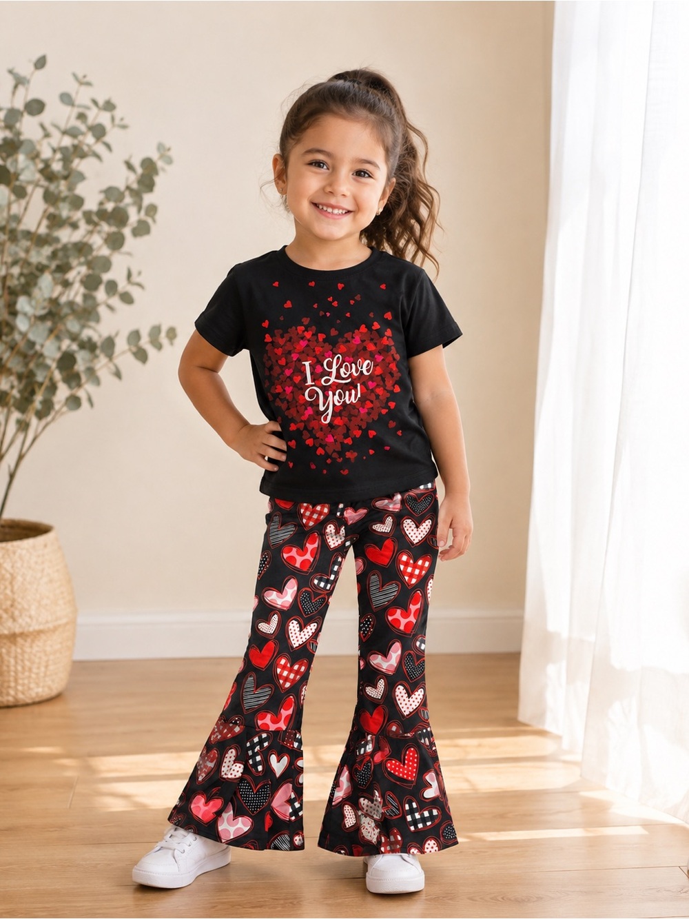 PatPat Black Pajama Set with Red and Pink Heart Design